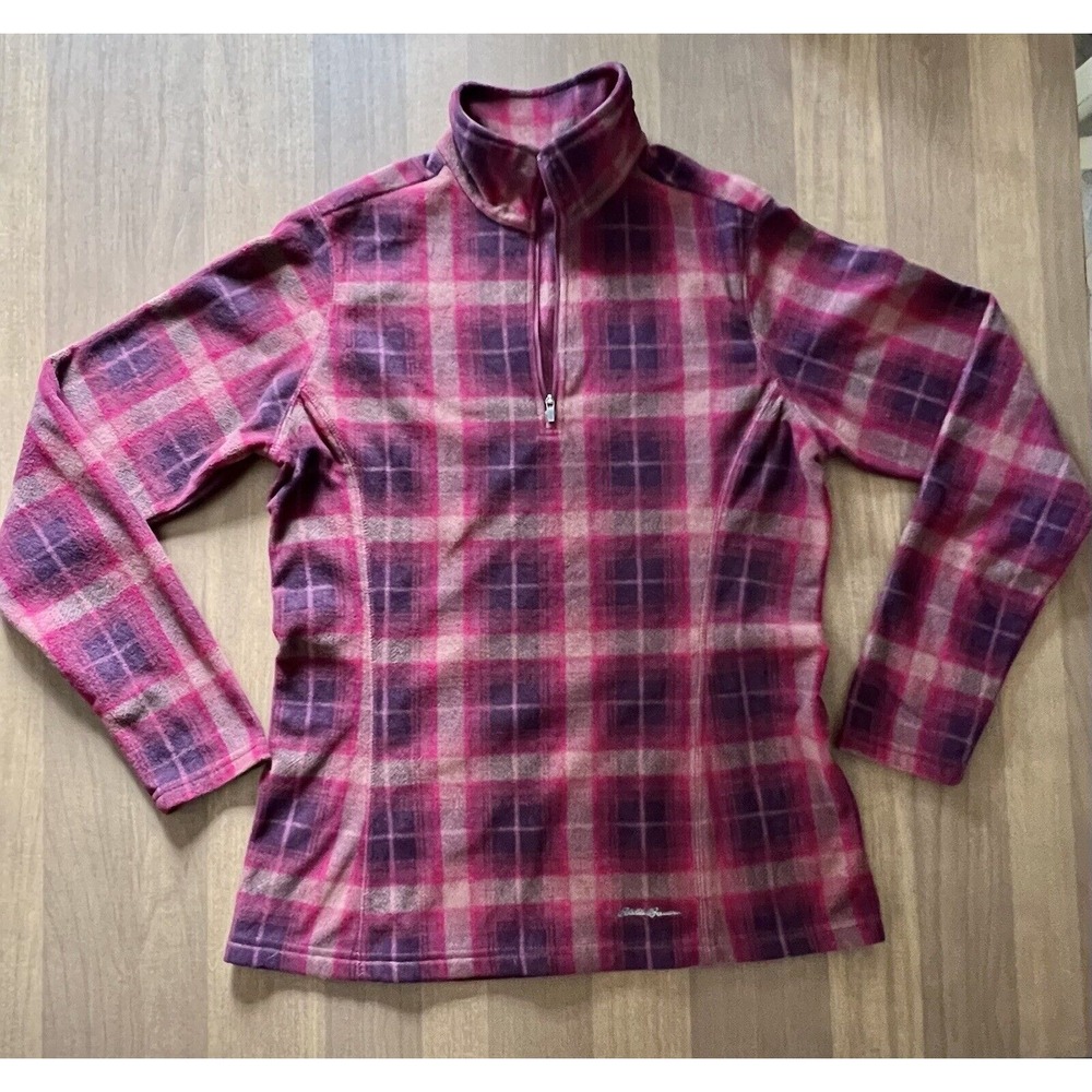 Eddie Bauer Plaid Fleece Redwood Red / Tan Long Sleeve 1/4-Zip Women's Small